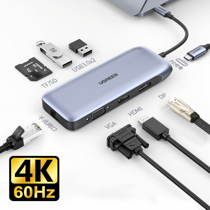 USB HUB UGREEN, USB-C na 2xUSB 3.0 A, HDMI, VGA, DP, RJ45 Gigabit, SD/TF, PD, sivi-9