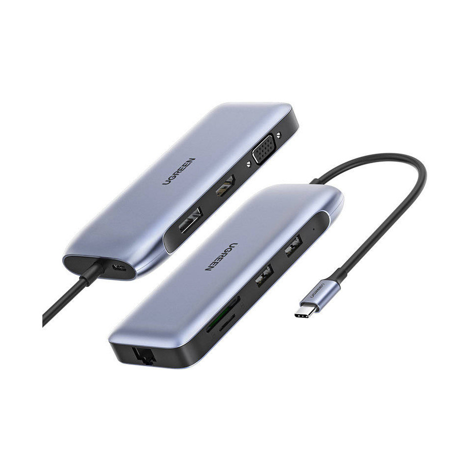 USB HUB UGREEN, USB-C na 2xUSB 3.0 A, HDMI, VGA, DP, RJ45 Gigabit, SD/TF, PD, sivi-13