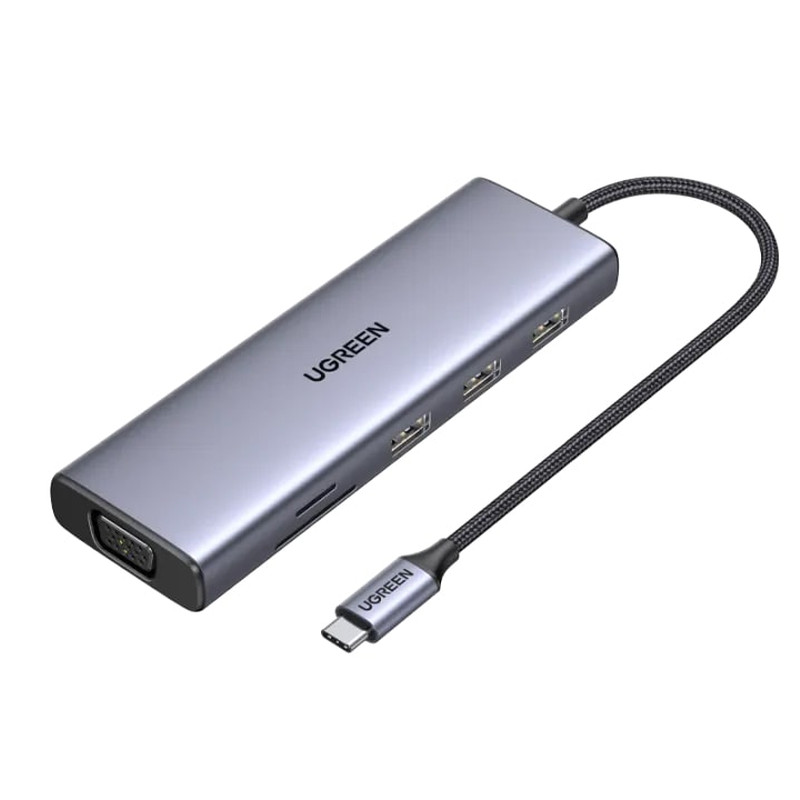 USB HUB UGREEN, USB-C na 3xUSB 3.0 A, VGA, HDMI, RJ45 Gigabit, SD/TF, PD,3.5mm sivi-22