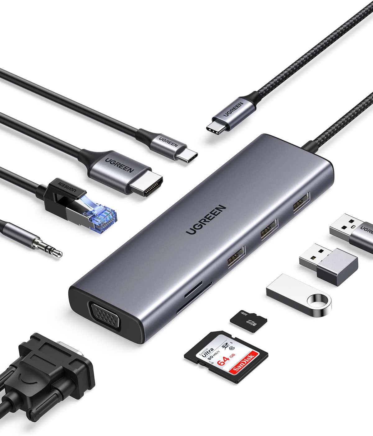 USB HUB UGREEN, USB-C na 3xUSB 3.0 A, VGA, HDMI, RJ45 Gigabit, SD/TF, PD,3.5mm sivi-5
