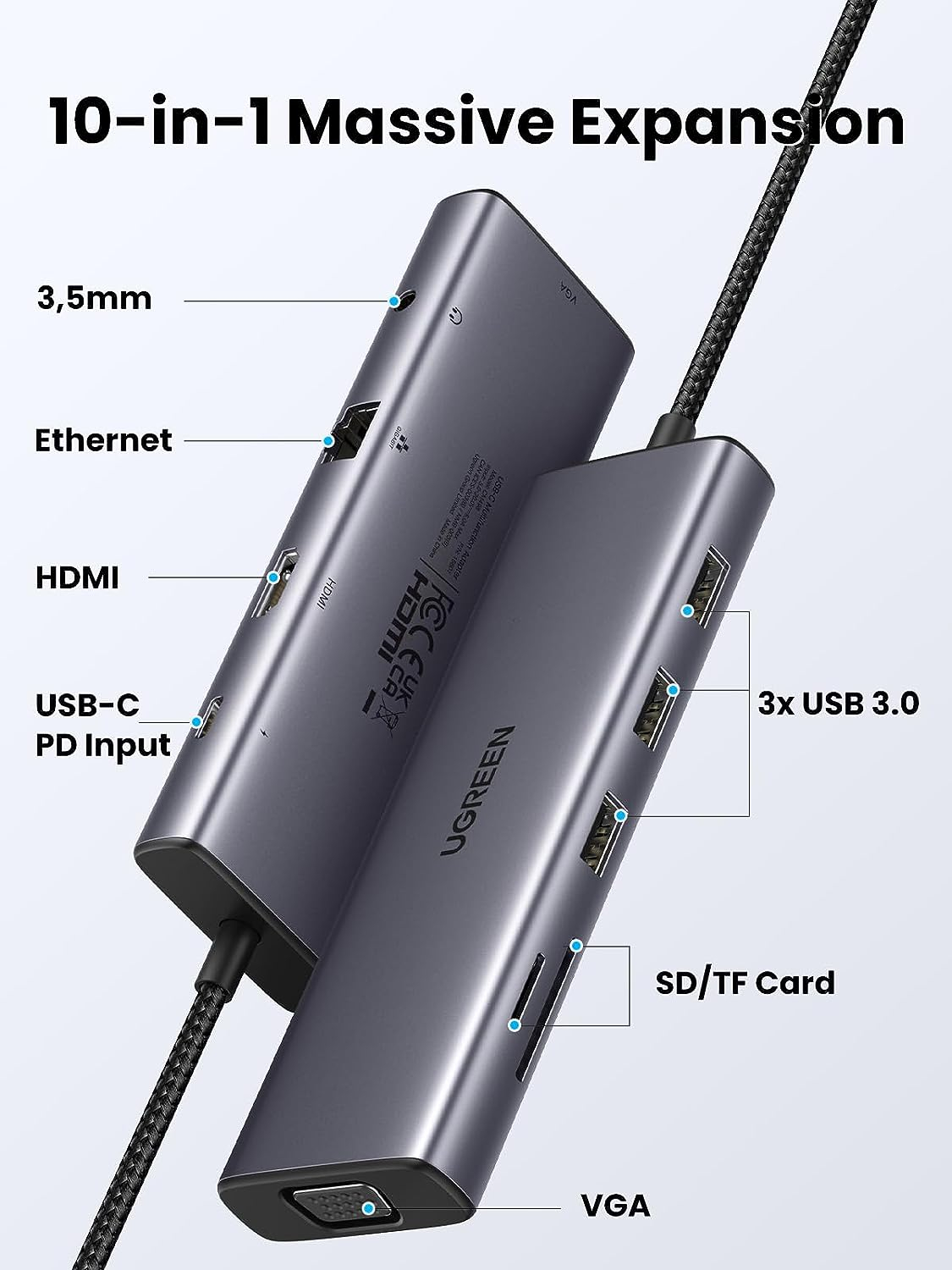 USB HUB UGREEN, USB-C na 3xUSB 3.0 A, VGA, HDMI, RJ45 Gigabit, SD/TF, PD,3.5mm sivi-6