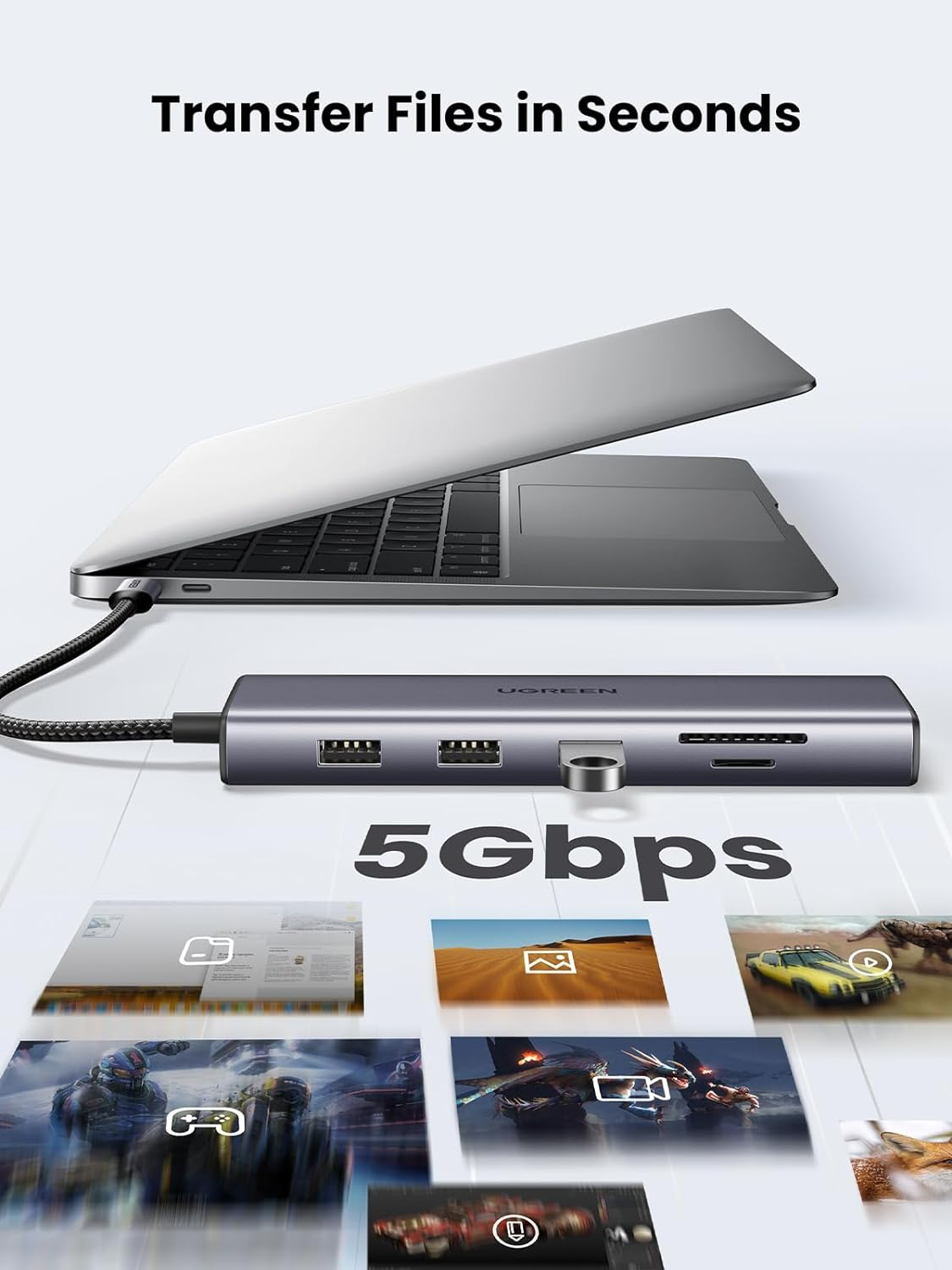 USB HUB UGREEN, USB-C na 3xUSB 3.0 A, VGA, HDMI, RJ45 Gigabit, SD/TF, PD,3.5mm sivi-8