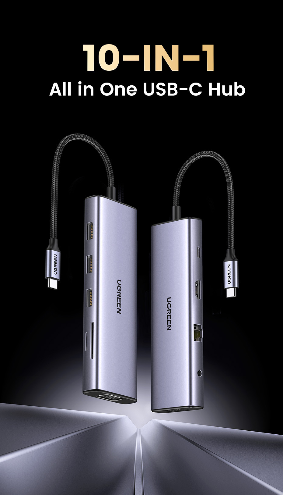USB HUB UGREEN, USB-C na 3xUSB 3.0 A, VGA, HDMI, RJ45 Gigabit, SD/TF, PD,3.5mm sivi-0