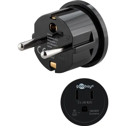 Utikač šuko adapter, šuko (M) na američka utičnica, s uzemljenjem, crni, GOOBAY 45350-1