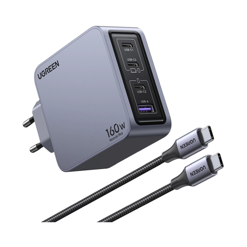 UGREEN Nexode Pro, 160W, 3x USB-C, USB-A, USB-C kabel, GaN, sivi-34