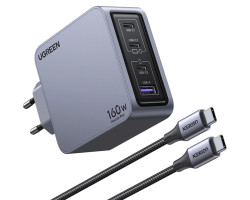 UGREEN Nexode Pro, 160W, 3x USB-C, USB-A, USB-C kabel, GaN, sivi