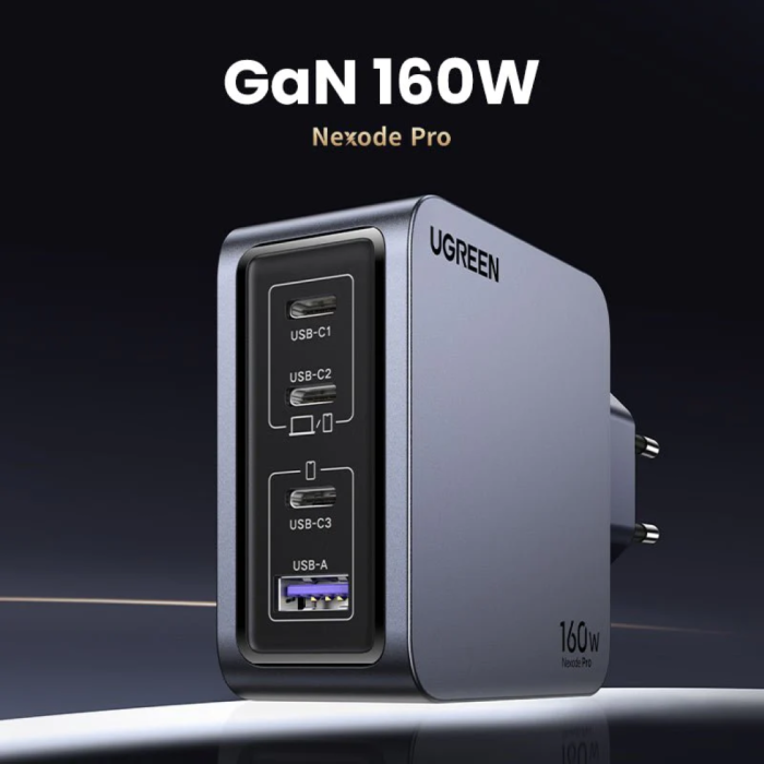 UGREEN Nexode Pro, 160W, 3x USB-C, USB-A, USB-C kabel, GaN, sivi-10