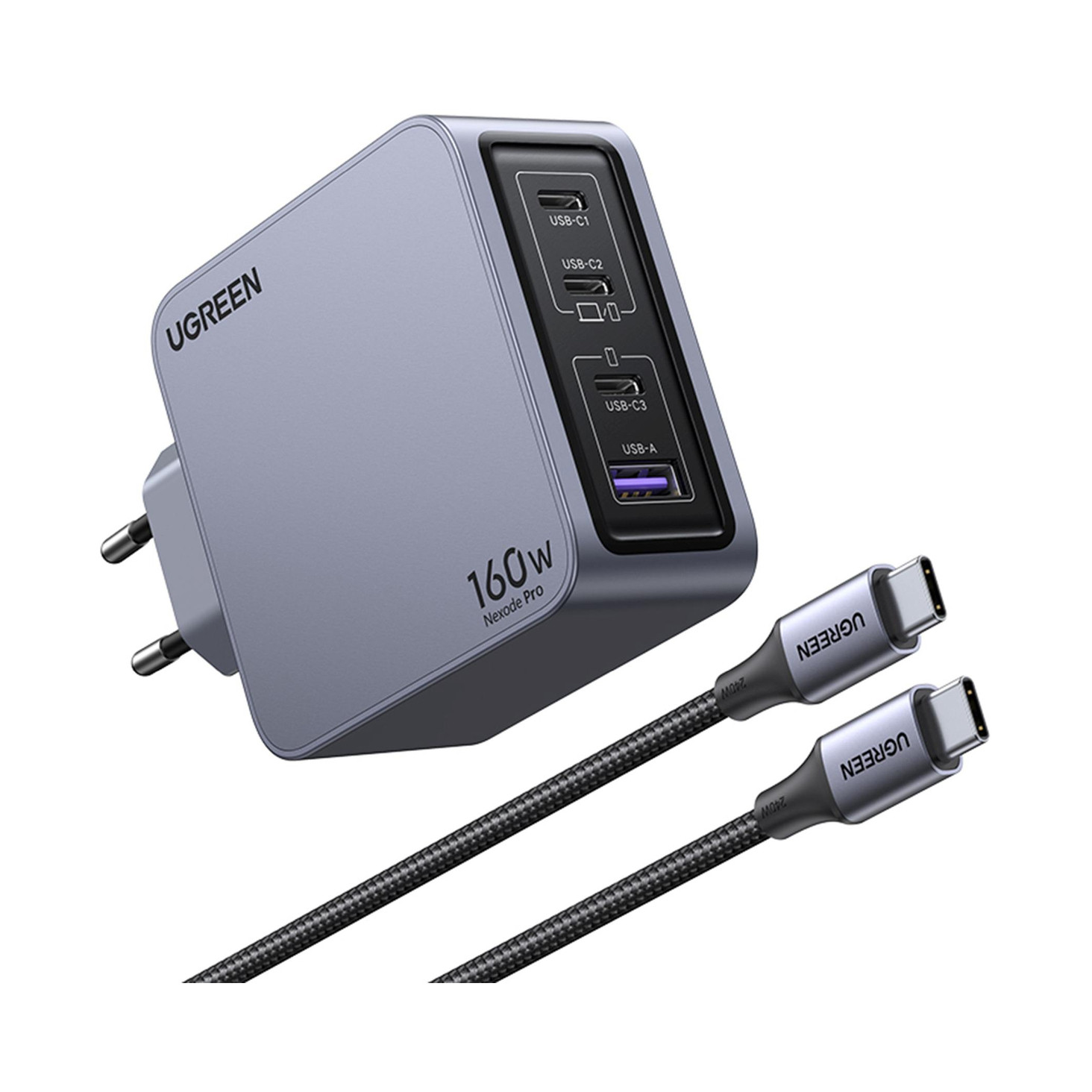 UGREEN Nexode Pro, 160W, 3x USB-C, USB-A, USB-C kabel, GaN, sivi-0