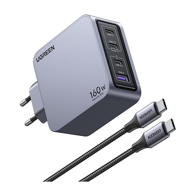 UGREEN Nexode Pro, 160W, 3x USB-C, USB-A, USB-C kabel, GaN, sivi-19