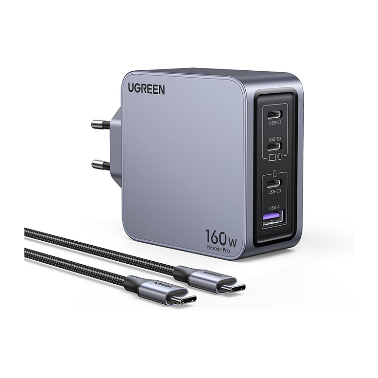 UGREEN Nexode Pro, 160W, 3x USB-C, USB-A, USB-C kabel, GaN, sivi-21