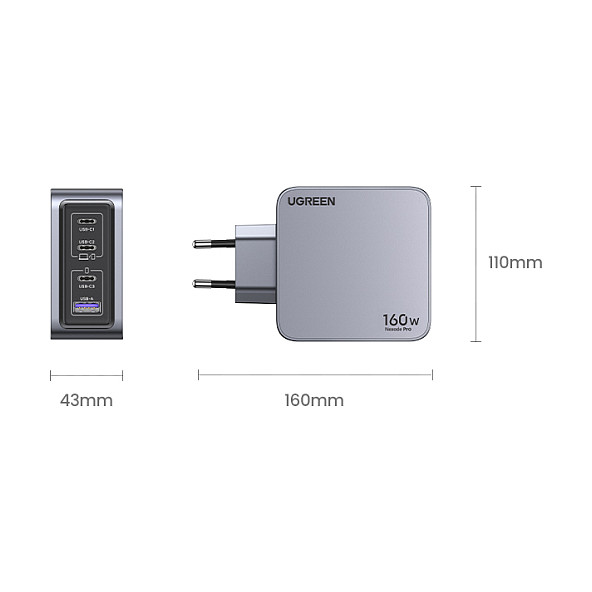 UGREEN Nexode Pro, 160W, 3x USB-C, USB-A, USB-C kabel, GaN, sivi-24