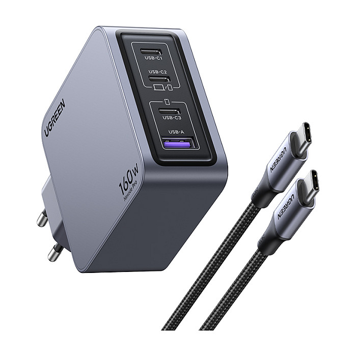 UGREEN Nexode Pro, 160W, 3x USB-C, USB-A, USB-C kabel, GaN, sivi-25