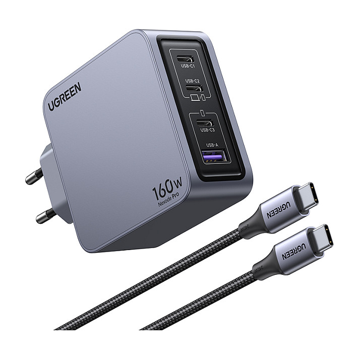 UGREEN Nexode Pro, 160W, 3x USB-C, USB-A, USB-C kabel, GaN, sivi-26