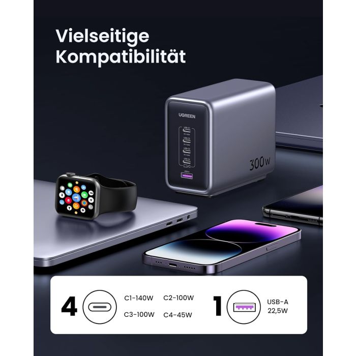 Kućni punjač UGREEN Nexode, 300W, 5x USB-C PD, GaN, sivi-9