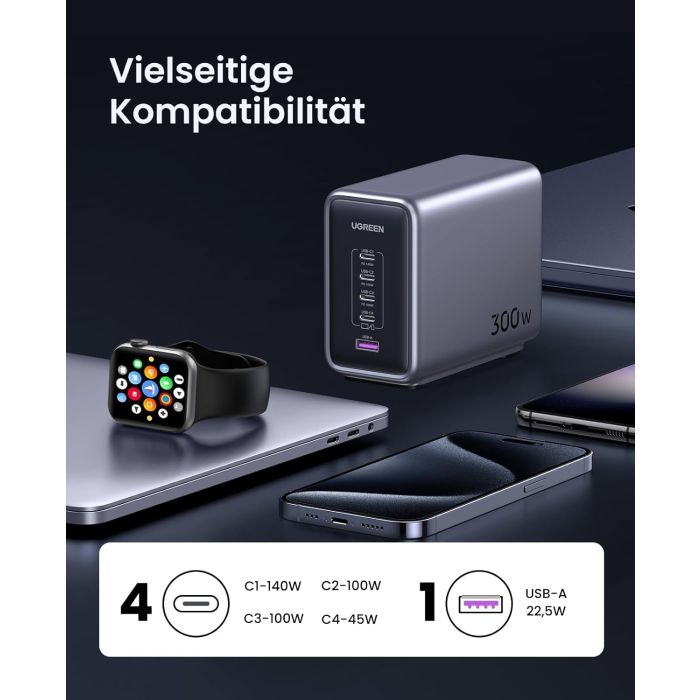 Kućni punjač UGREEN Nexode, 300W, 5x USB-C PD, GaN, sivi-18