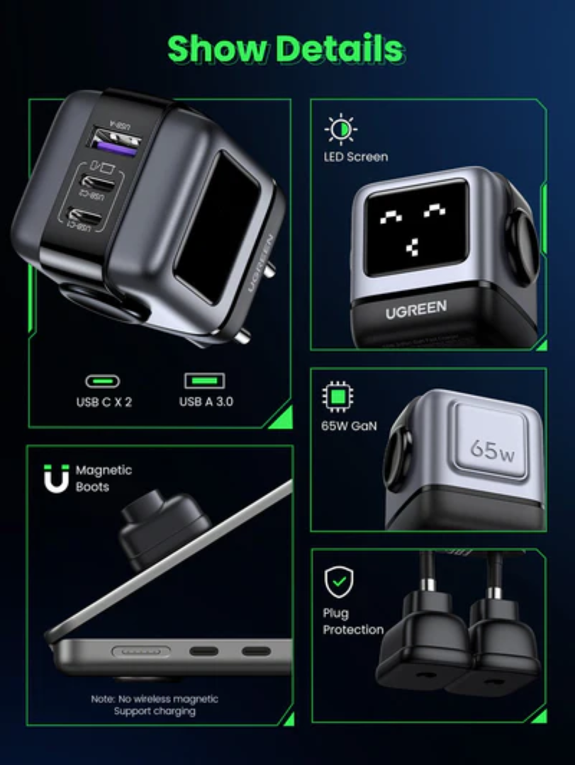 UGREEN Robot, 65W, 2x USB-C, USB-A, GaN, sivo crni-12