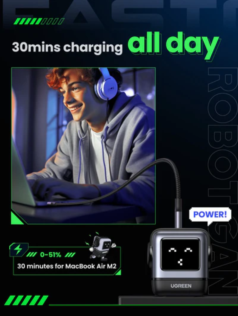 UGREEN Robot, 65W, 2x USB-C, USB-A, GaN, sivo crni-9