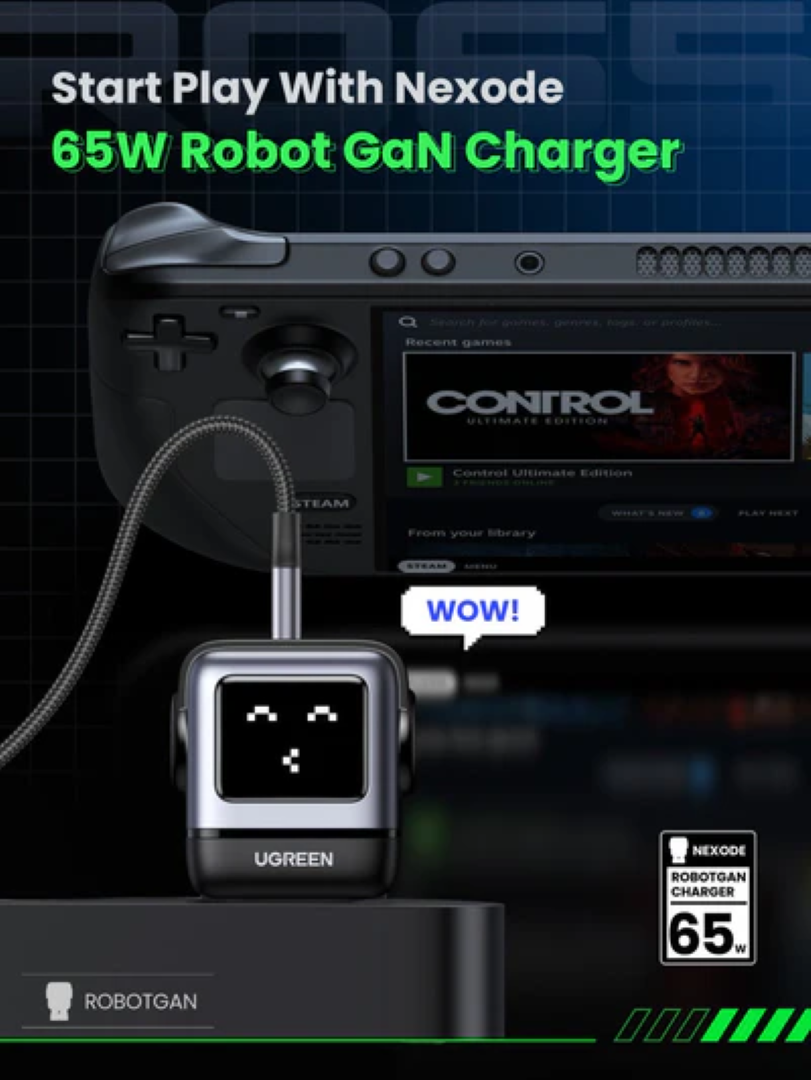 UGREEN Robot, 65W, 2x USB-C, USB-A, GaN, sivo crni-17