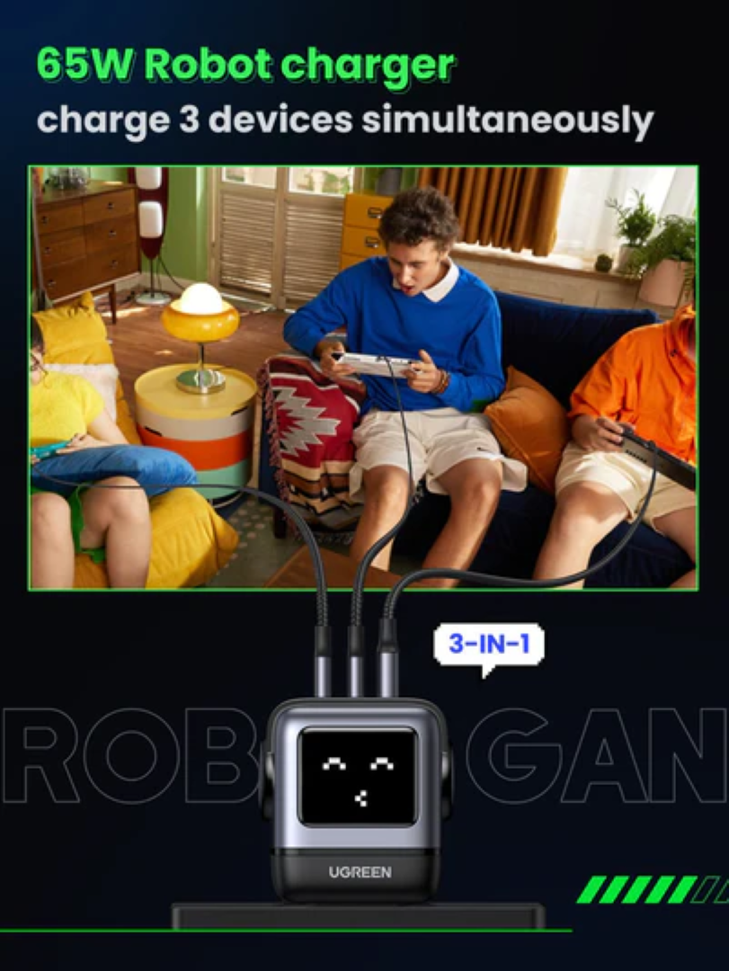 UGREEN Robot, 65W, 2x USB-C, USB-A, GaN, sivo crni-11