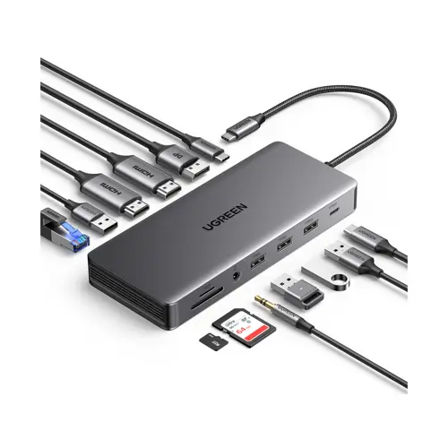 USB HUB UGREEN 13in1, USB-C na DisplayPort 4K@60, 2x HDMI 4K@60, USB-C PD 100W, USB-C, 4x USB-A, RJ45, 3.5mm, čitač kartica SD/TF-10