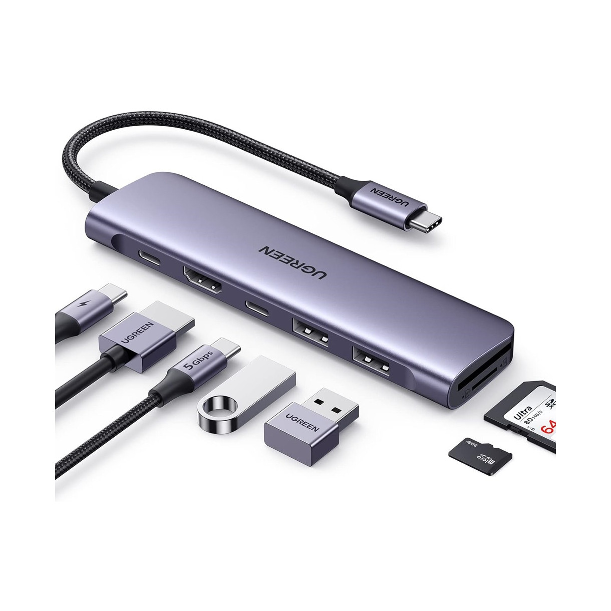 USB HUB UGREEN 7in1, USB-C na HDMI 4K, USB-C PD 100W, USB-C, 2x USB-A, čitač kartica SD/TF-12