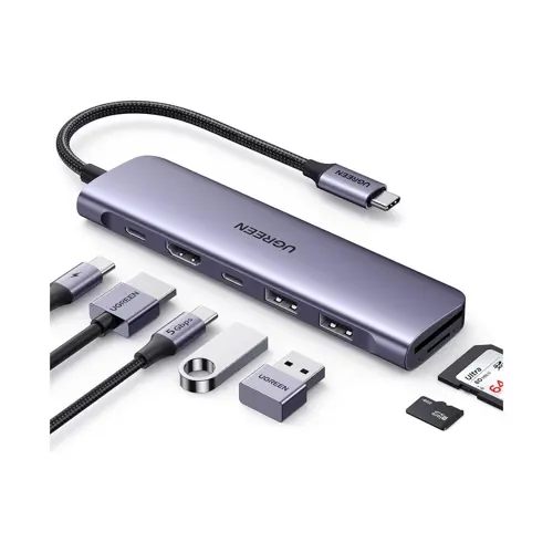 USB HUB UGREEN 7in1, USB-C na HDMI 4K, USB-C PD 100W, USB-C, 2x USB-A, čitač kartica SD/TF-0