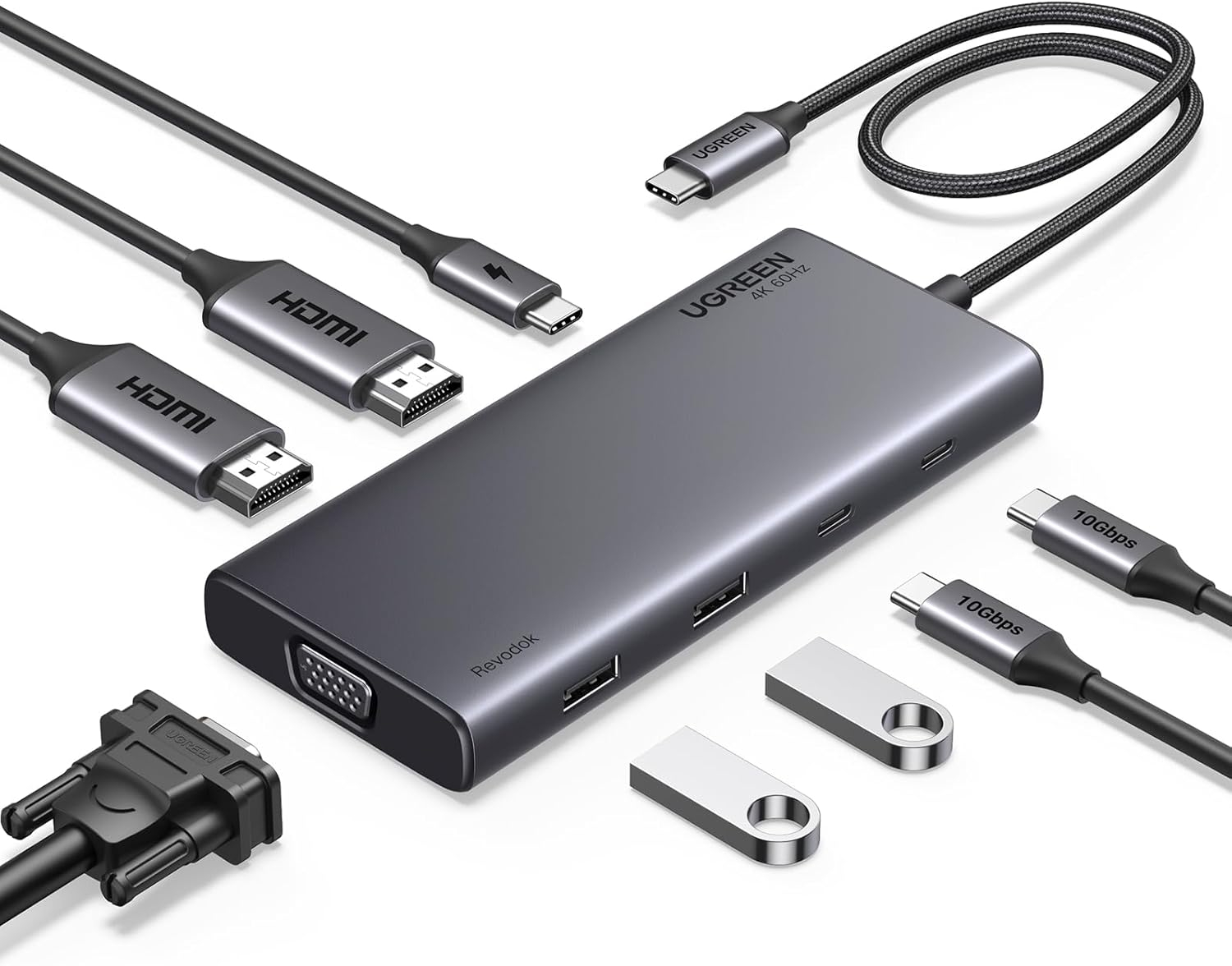 USB HUB UGREEN Revdok 8in1, USB-C na HDMI 4K@60, HDMI 4K@30, VGA, USB-C PD 100W, 2x USB-C, 2x USB-A-1