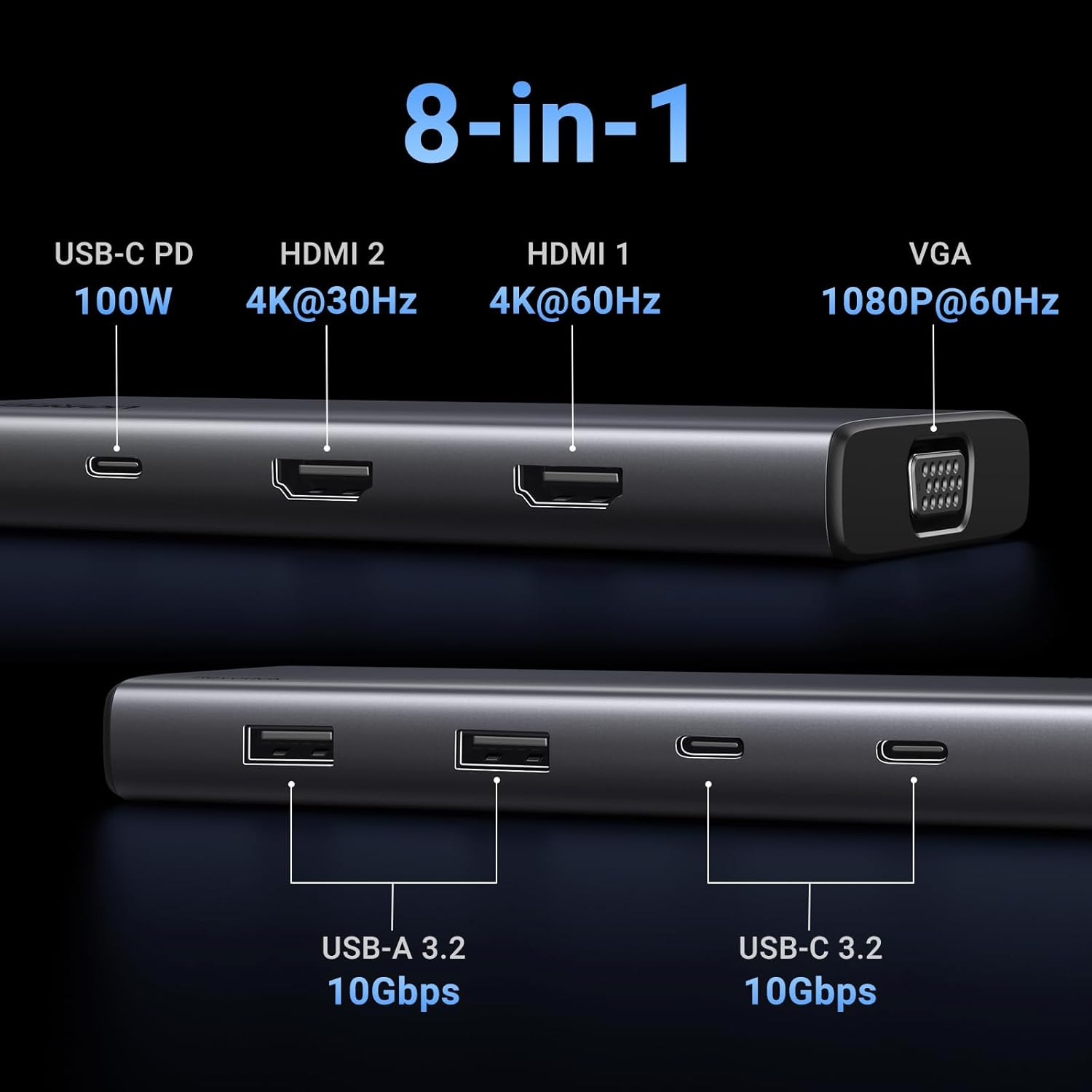 USB HUB UGREEN Revdok 8in1, USB-C na HDMI 4K@60, HDMI 4K@30, VGA, USB-C PD 100W, 2x USB-C, 2x USB-A-5