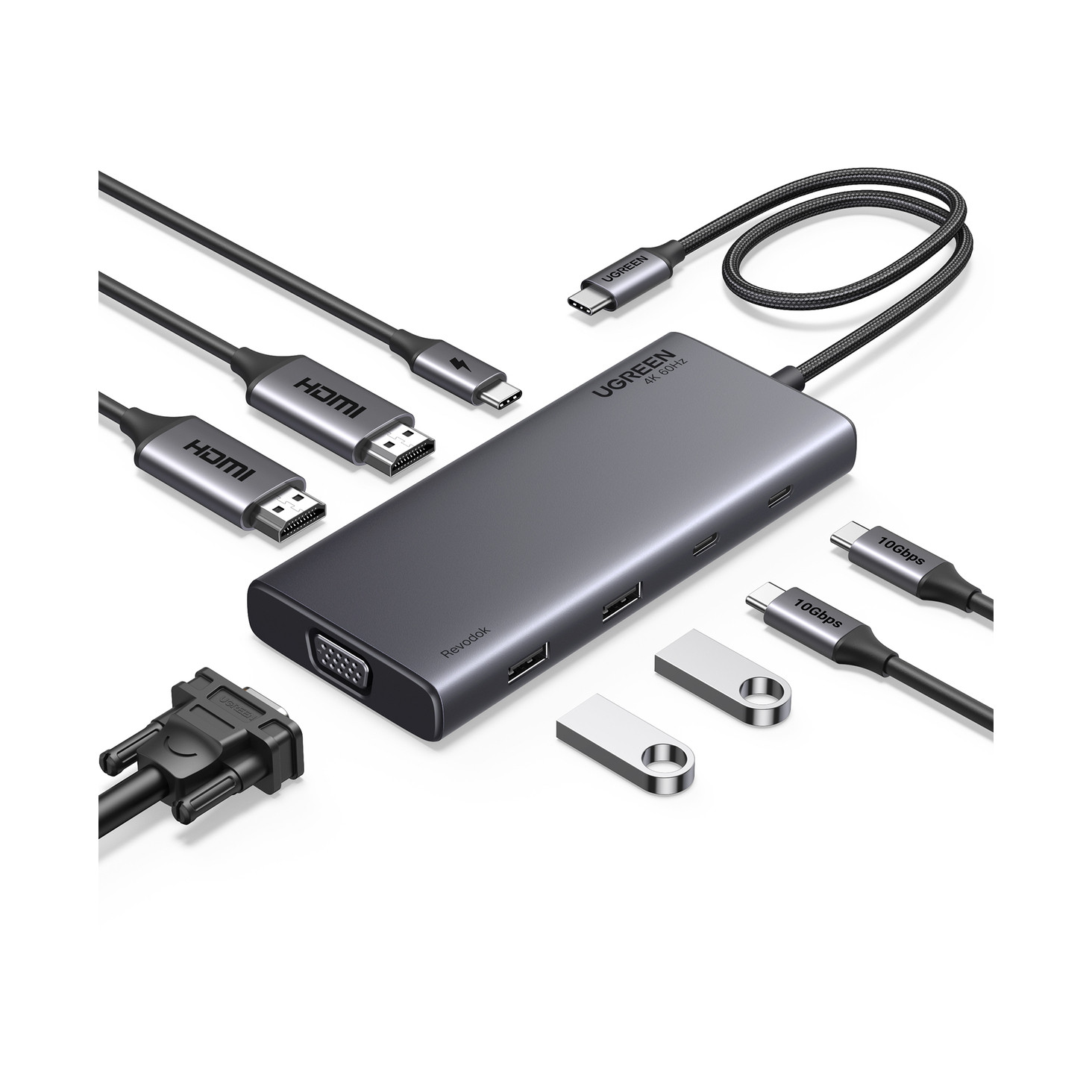 USB HUB UGREEN Revdok 8in1, USB-C na HDMI 4K@60, HDMI 4K@30, VGA, USB-C PD 100W, 2x USB-C, 2x USB-A-18