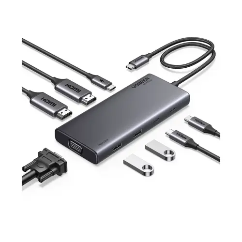 USB HUB UGREEN Revdok 8in1, USB-C na HDMI 4K@60, HDMI 4K@30, VGA, USB-C PD 100W, 2x USB-C, 2x USB-A-3