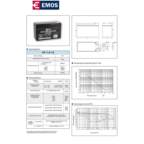 Baterija akumulatorska EMOS, 12V, 7.2Ah, F6.3, 151x65x94 mm-3