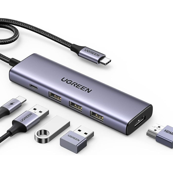 USB HUB UGREEN 5u1, USB-C, 3-portni, 3x USB-A, USB-C Power Delivery, HDMI 4K@30fps, sivi-12