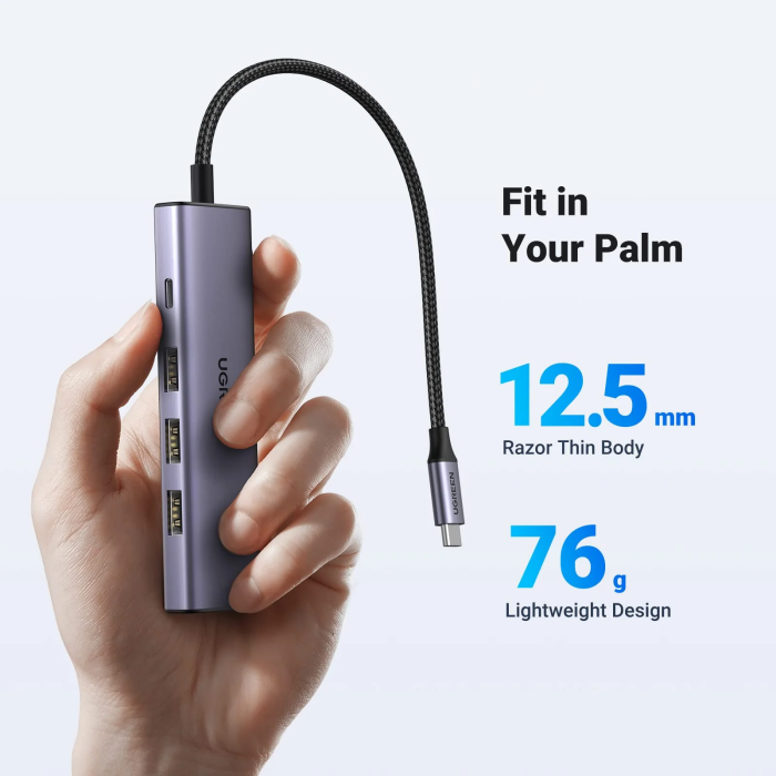 USB HUB UGREEN 5u1, USB-C, 3-portni, 3x USB-A, USB-C Power Delivery, HDMI 4K@30fps, sivi-8