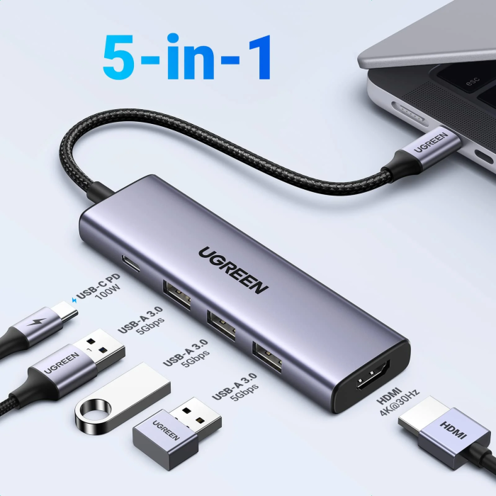 USB HUB UGREEN 5u1, USB-C, 3-portni, 3x USB-A, USB-C Power Delivery, HDMI 4K@30fps, sivi-9