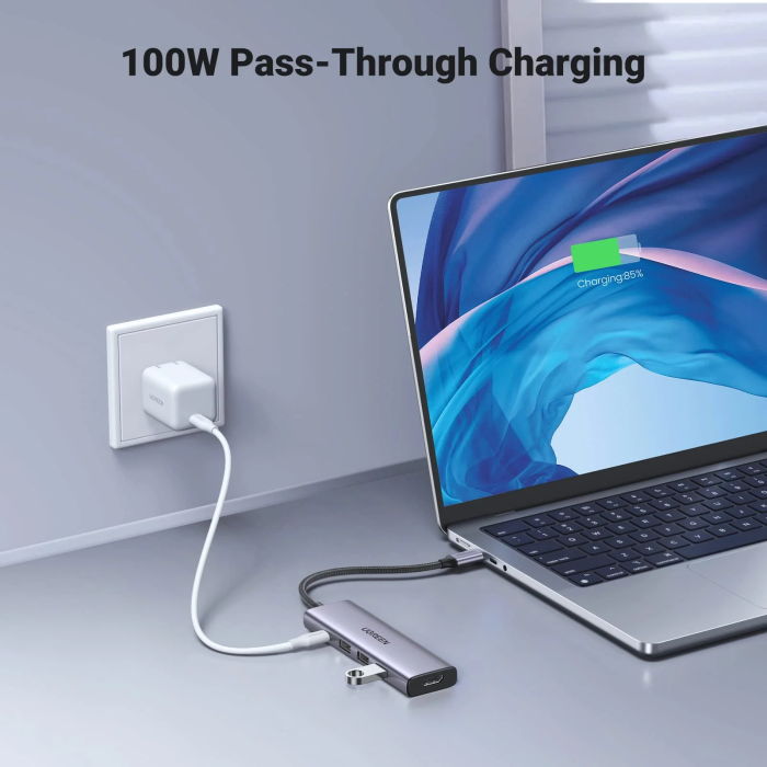 USB HUB UGREEN 5u1, USB-C, 3-portni, 3x USB-A, USB-C Power Delivery, HDMI 4K@30fps, sivi-10