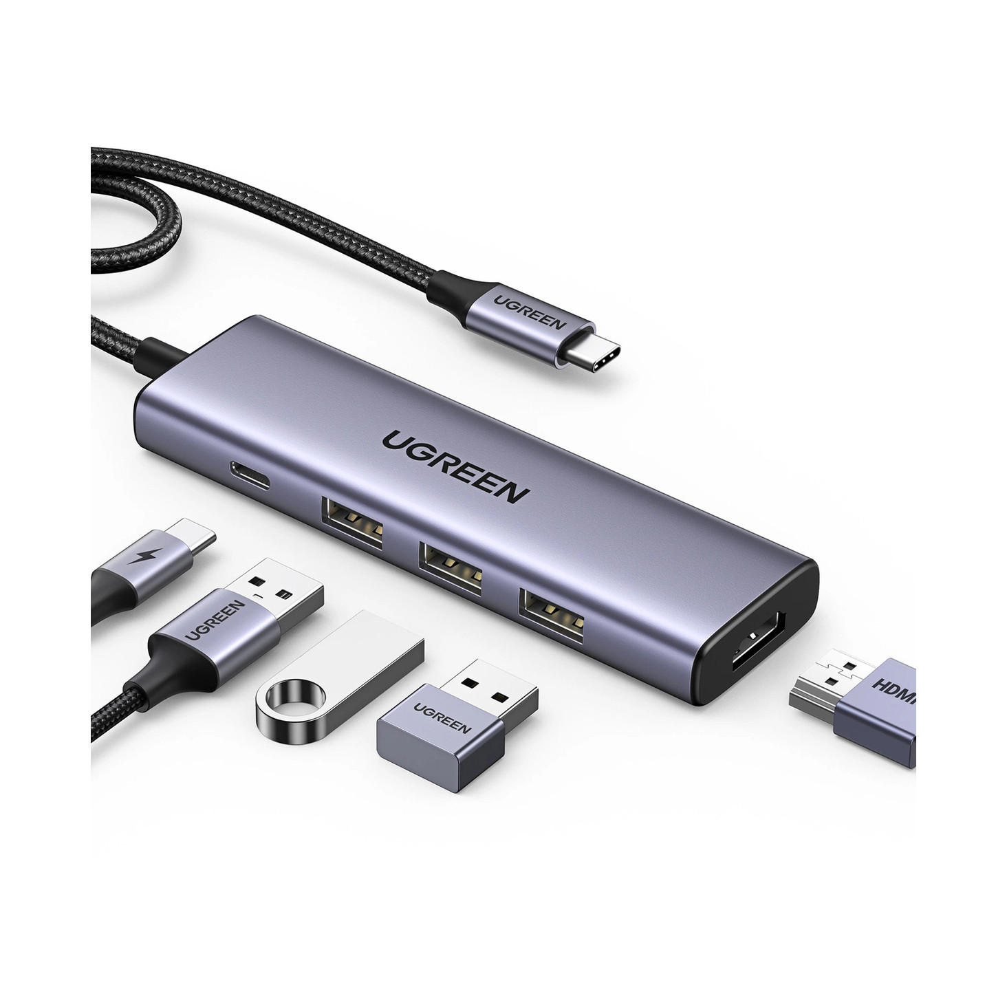 USB HUB UGREEN 5u1, USB-C, 3-portni, 3x USB-A, USB-C Power Delivery, HDMI 4K@30fps, sivi-0