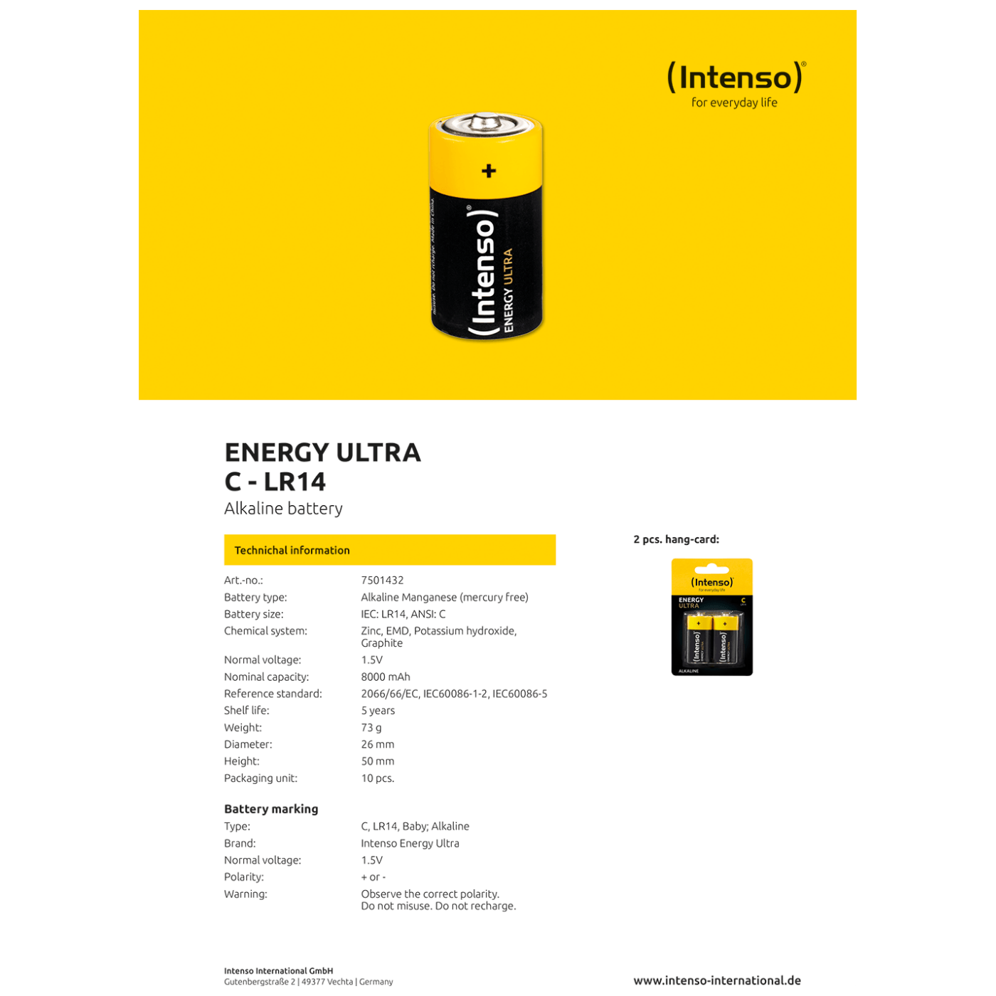 Baterija INTENSO LR14 (alkalna, 1,5 V, kapacitet 8000 mAh, visina 50 mm, prečnik 25.5 mm)-4