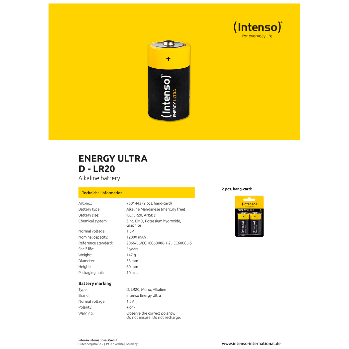 INTENSO Baterija alkalna, LR20 / D, 1,5 V, blister 2 kom - LR20 / D-3