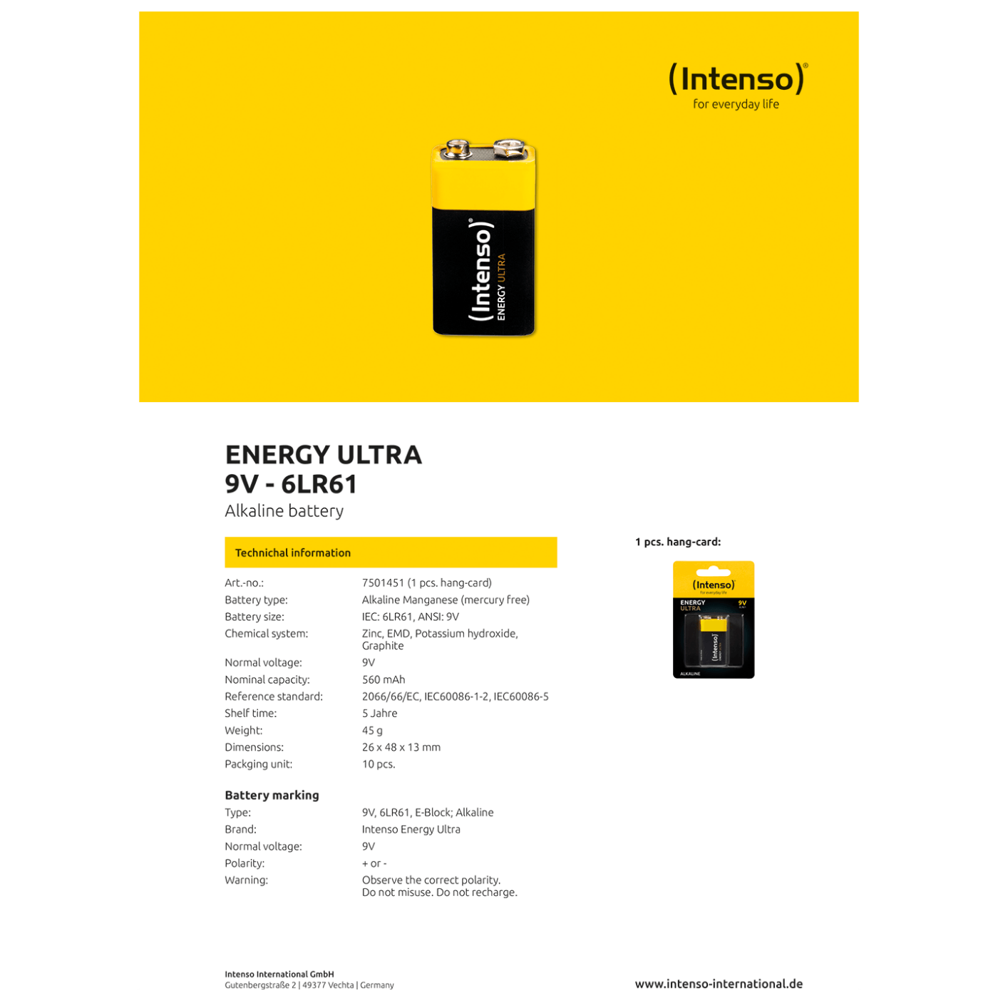 INTENSO Baterija alkalna, 6LR61, 9 V, blister 1 komad - 6LR61 / 9V-3