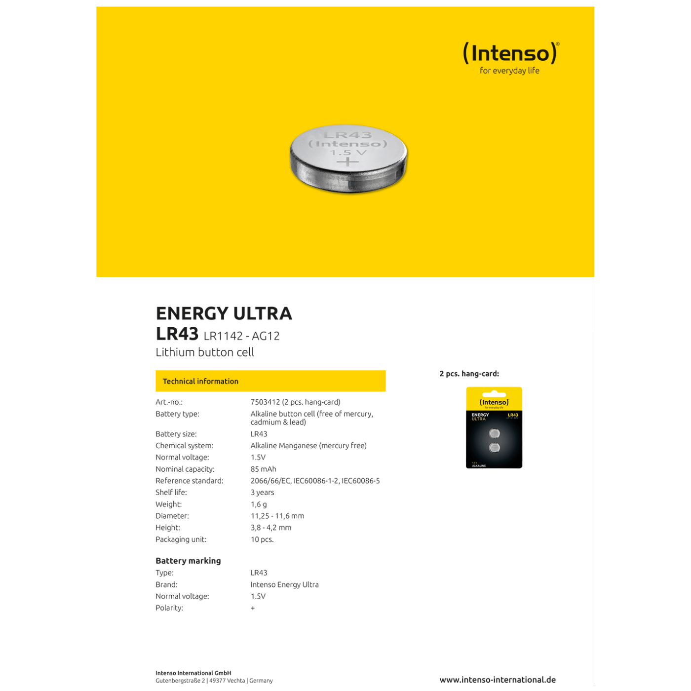 Baterija INTENSO LR43/2 (alkalna, 1,5 V, 85 mAh, dugmasta, blister 2 kom)-3