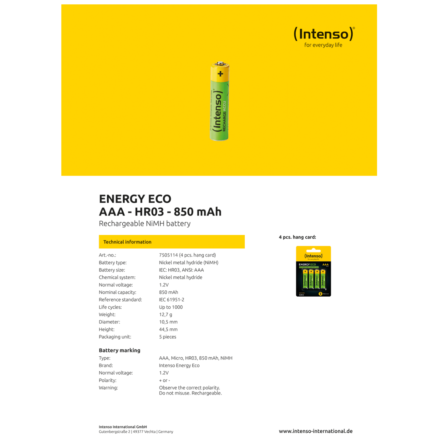 INTENSO Baterija punjiva AAA / HR03, 850 mAh, blister 4 kom - AAA / HR03/850-3