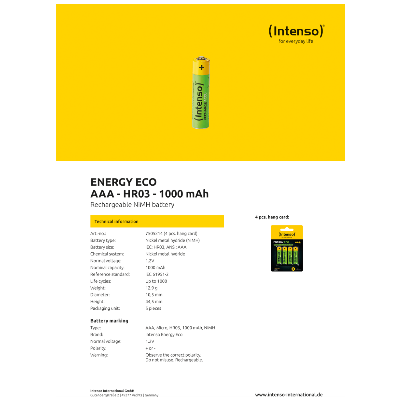 INTENSO Baterija punjiva AAA / HR03, 1000 mAh, blister 4 kom - AAA / HR03/1000-2