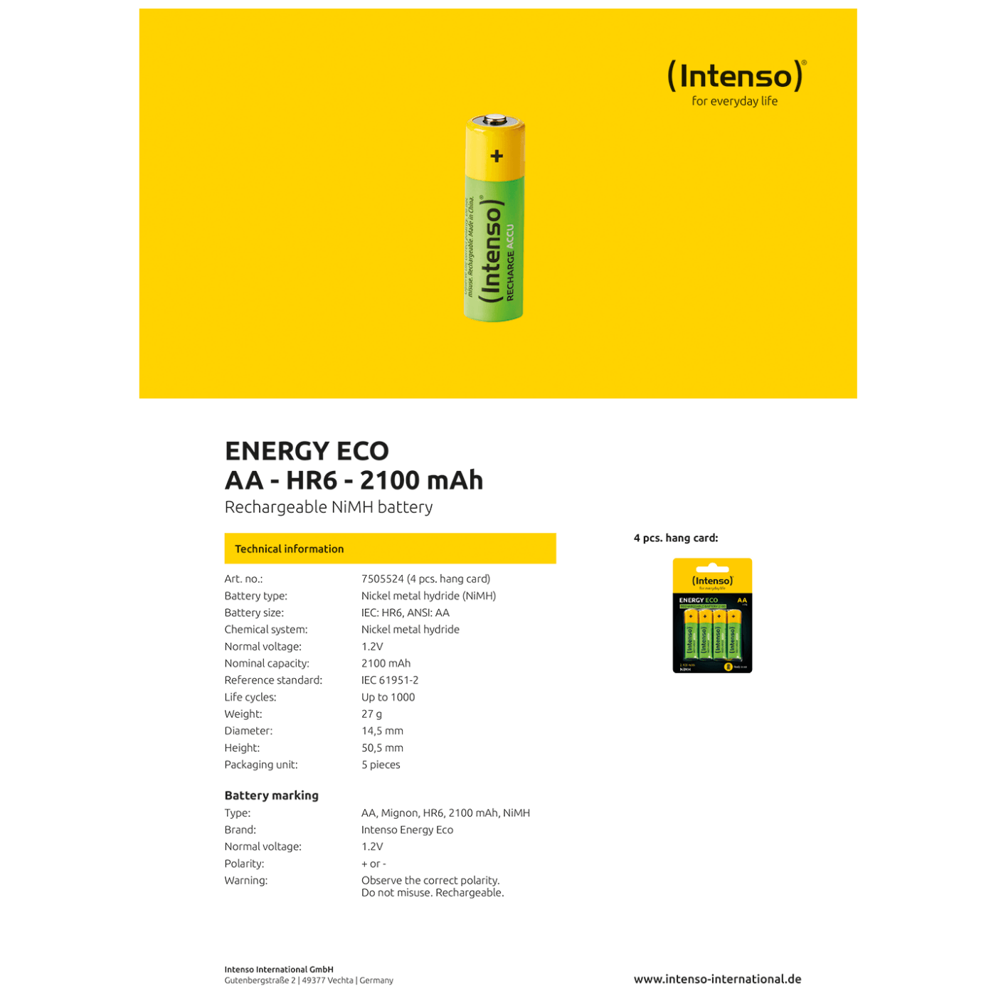 Baterija INTENSO AA / HR6, 2100 mAh, blister 4 komada (punjiva, dolazi napunjena, spremna za rad)-2