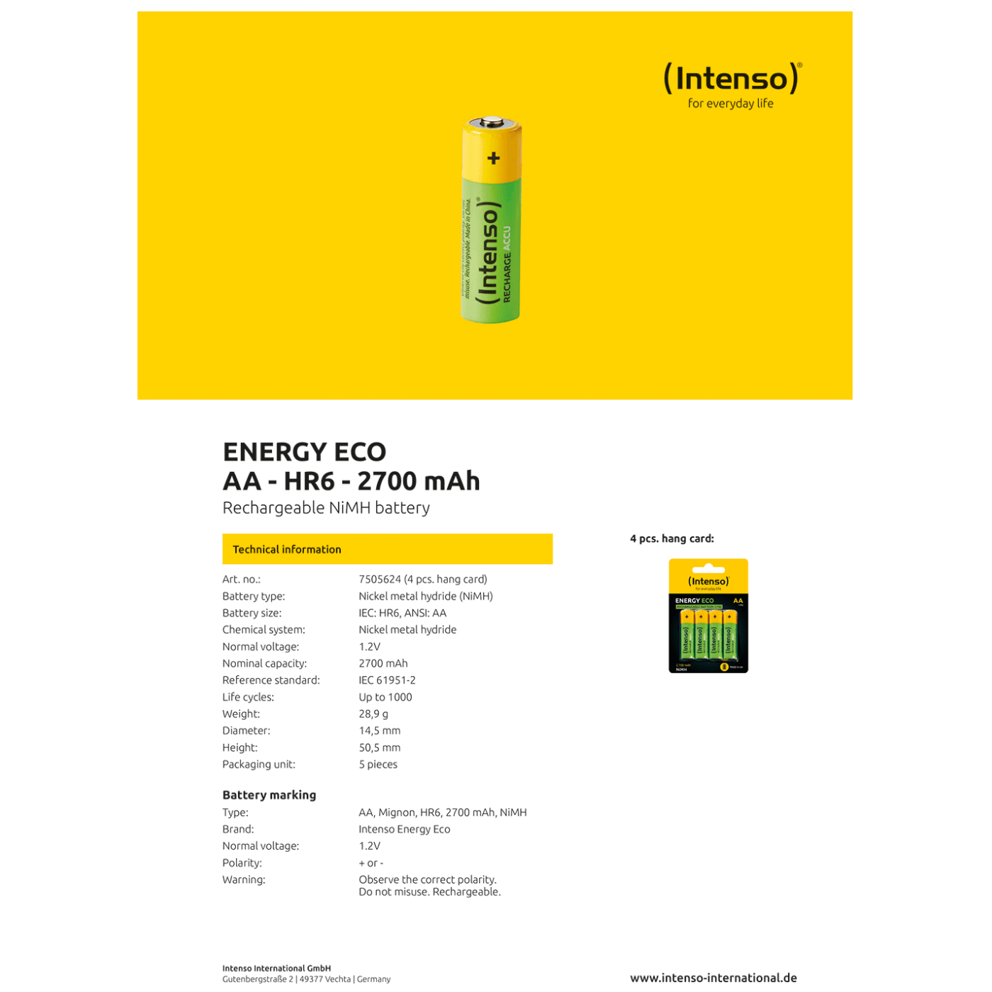 INTENSO Baterija punjiva AA / HR6, 2700 mAh, blister 4 komada - AA / HR6/2700-2