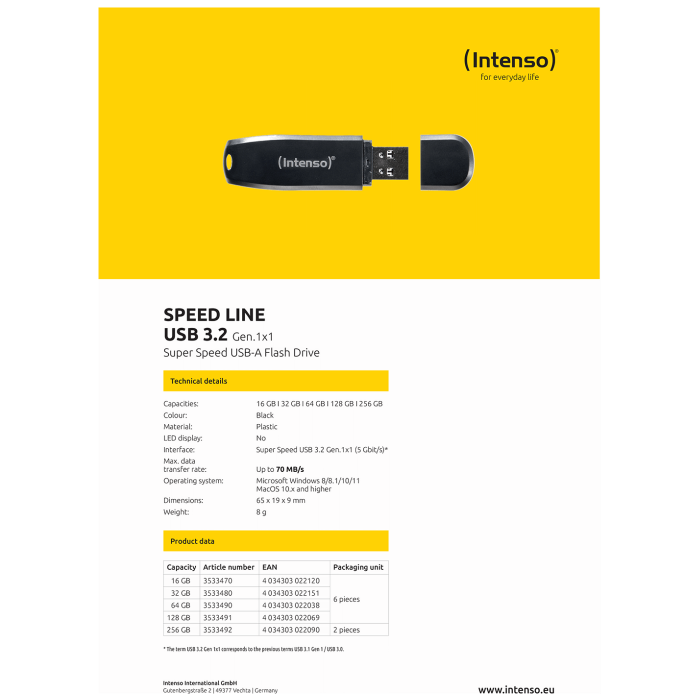 INTENSO USB Flash drive 32GB Hi-Speed USB 3.2, SPEED Line - USB3.2-32GB/Speed Line-4