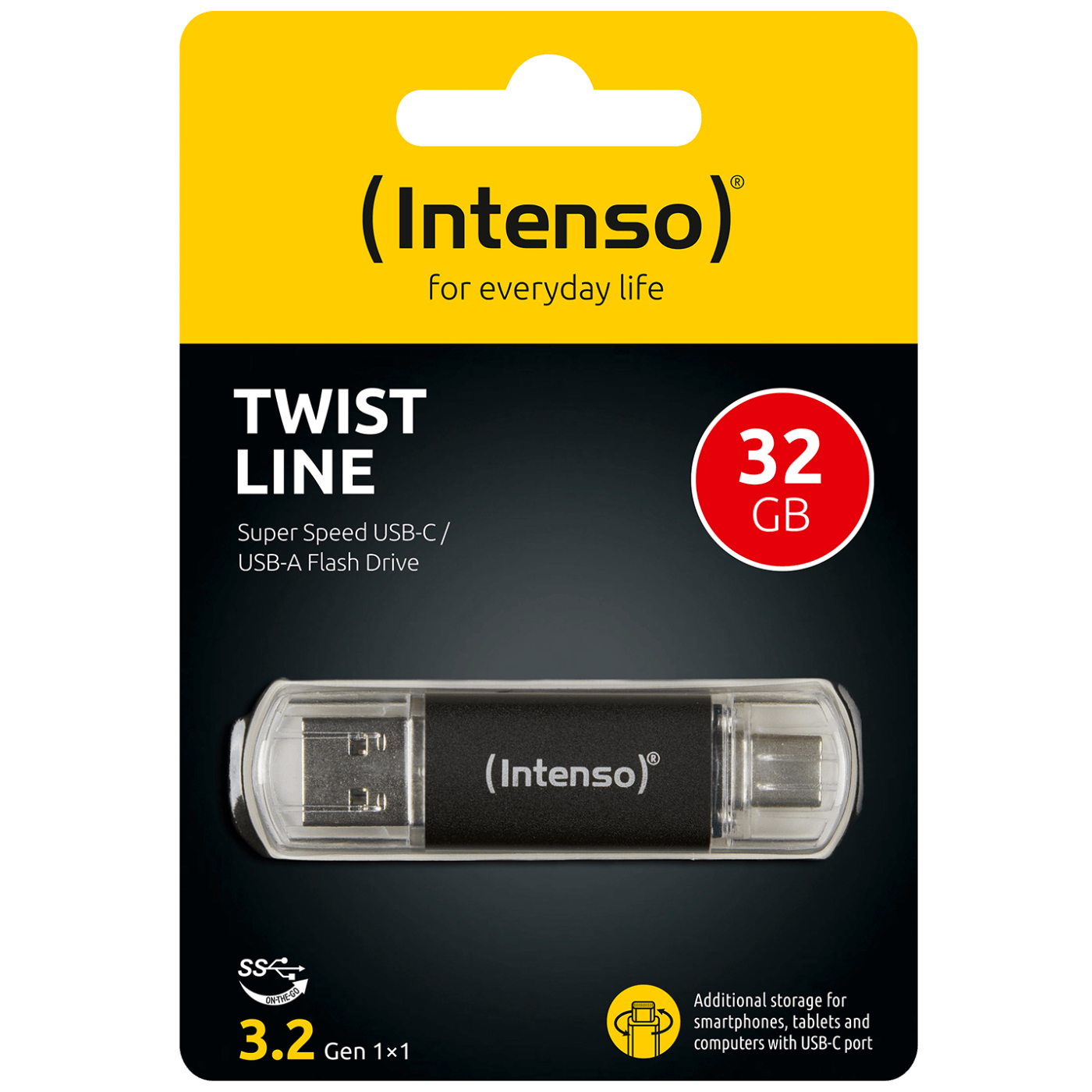 USB Flash Drive INTENSO Twist Line (32GB, USB 3.2, USB-C & USB-A, do 70 MB/s, crna)