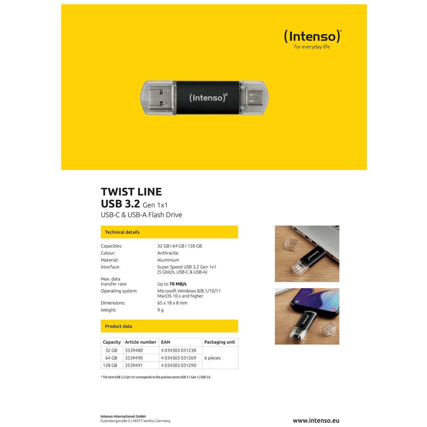 USB Flash Drive INTENSO Twist Line (32GB, USB 3.2, USB-C & USB-A, do 70 MB/s, crna)-1