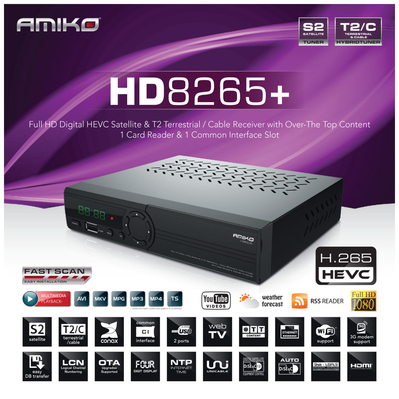 Digitalni Combo prijemnik AMIKO DVB-S2+T2/C, HEVC/HD-8265+/Stalker, FullHD, CX, CI-3