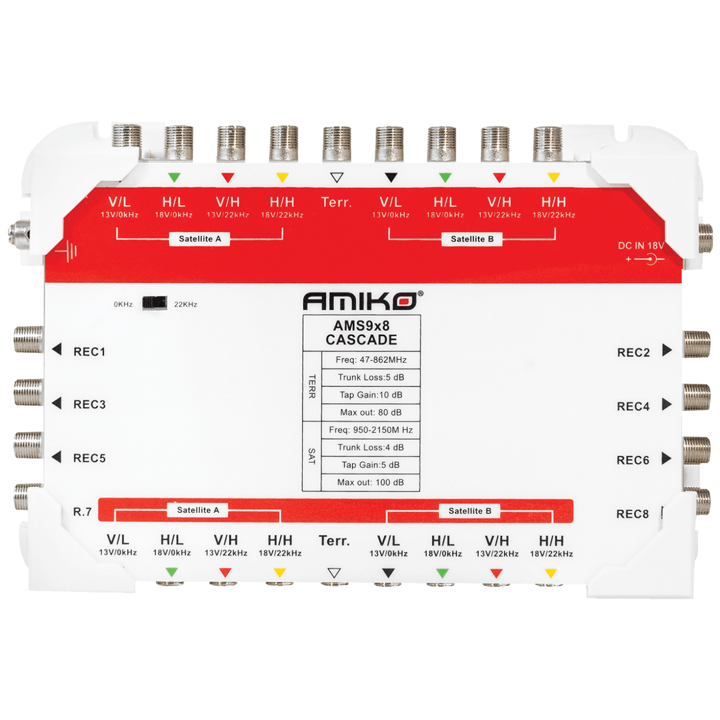 Amiko Multiswitch 9/8 sa dodatnim napajanjem, kaskadni - AMS9X8 (Frekvencijski opseg 47 ~ 2200 MHz, Prigušenje 0 dB (sub), 16 dB (terr), Izolacija 30 dB (sub), Napajanje 230V 50Hz)