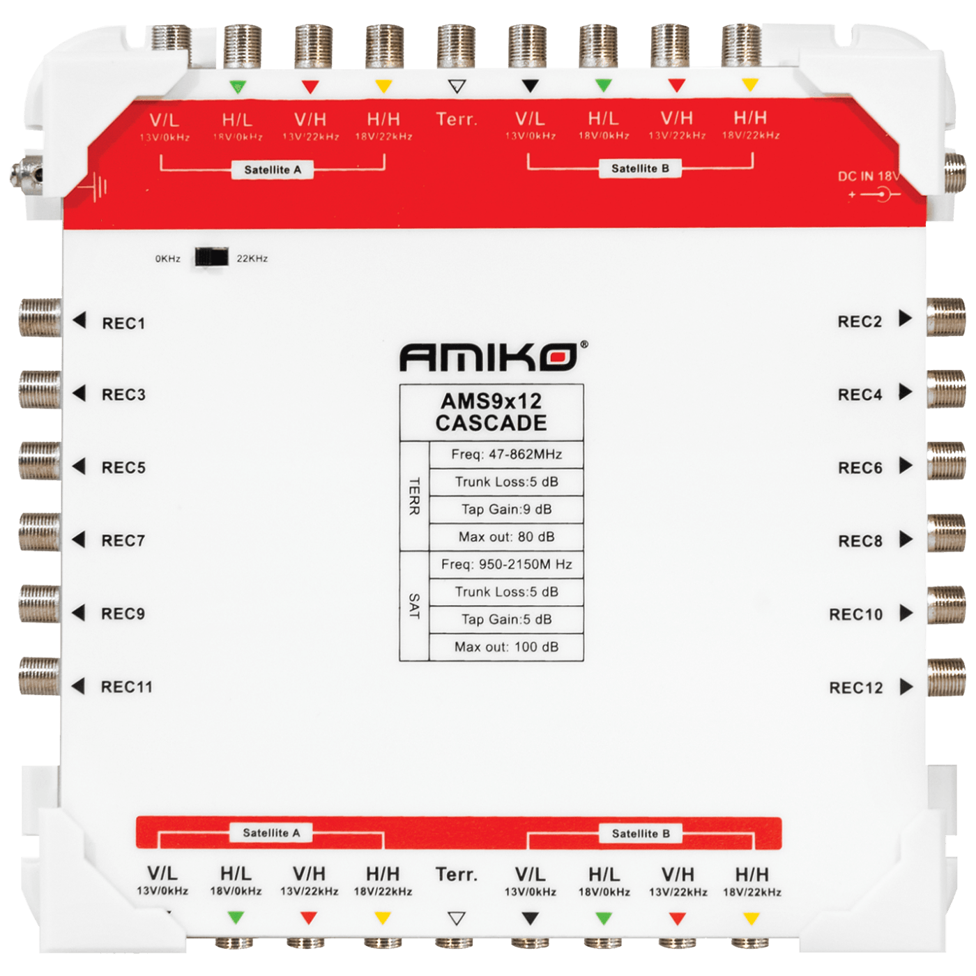 Amiko Multiswitch 9/12 sa dodatnim napajanjem, kaskadni (povezivanje do 12 prijemnika, frekvencijski opseg 47 ~ 2200 MHz, napajanje 230V 50Hz)-0